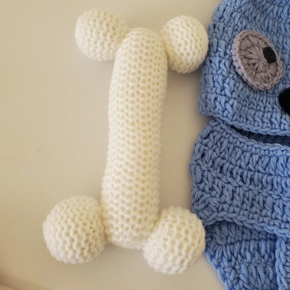 Handmade Crochet Puppy Dog Newborn Photo Prop Set Blue Hat Diaper Cover Bone